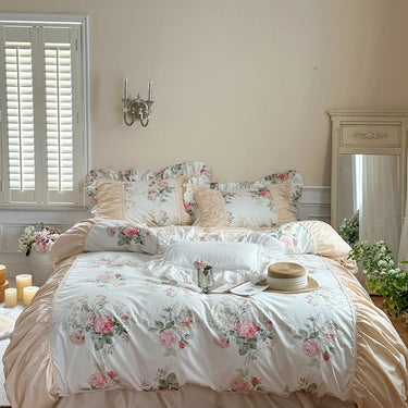 Vintage Rose Korean Princess Chic Pleat Ruffles 100% Cotton Bedding Set